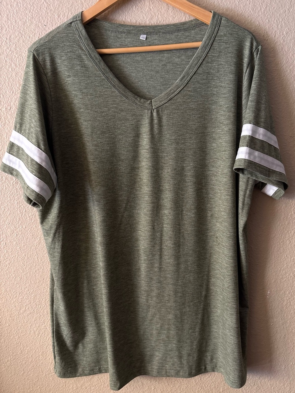Women's 2X Olive Green V Neck T-Shirt White Varsity Stripe Short Sleeve